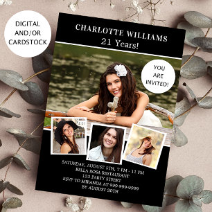 Birthday party black white photo collage invitation