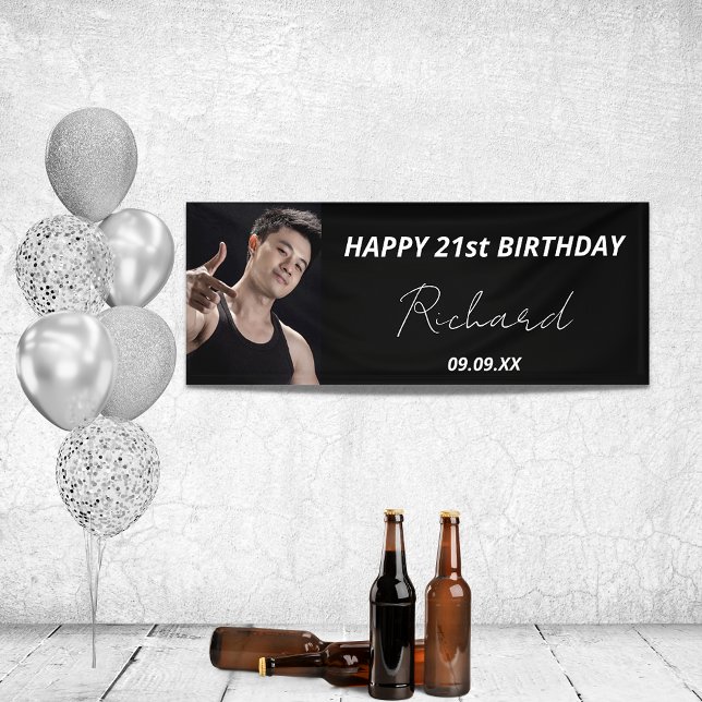 Birthday party black white photo modern guy banner (Creator Uploaded)