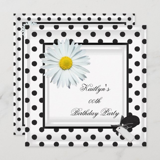Birthday Party Black White Polka Dot Daisy Invitation (Front/Back)