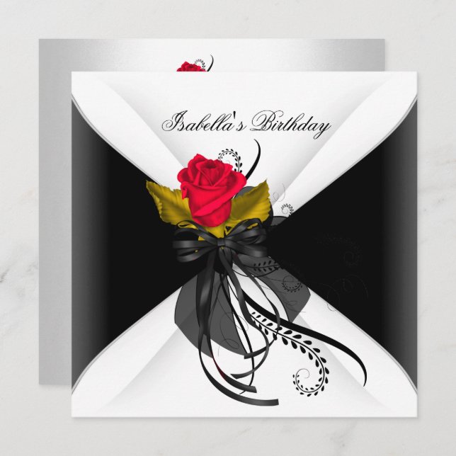 Birthday Party Black White Red Rose Invitation (Front/Back)