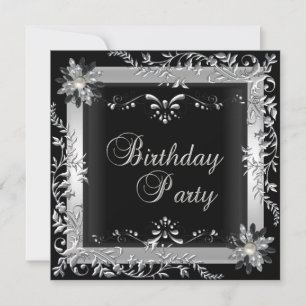 Birthday Party Black White Silver Invitation