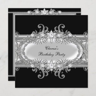 Birthday Party Black White Silver Jewel Image Invitation