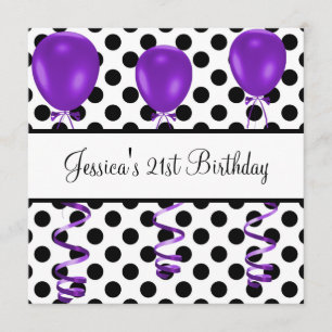 Birthday Party Black & White Spots Purple Balloons Invitation