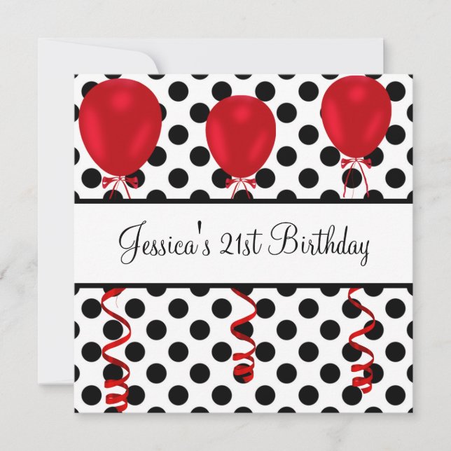Birthday Party Black & White Spots Red Balloons Invitation (Front)
