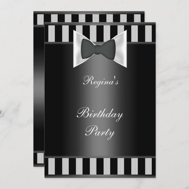 Birthday Party Black White stripe Bow tie Invitation (Front/Back)