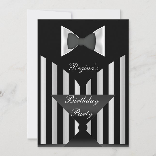 Birthday Party Black White stripe Bow tie Invitation (Front)