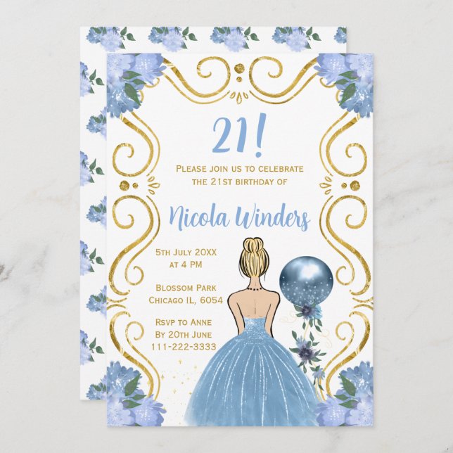 Birthday Party Blonde Princess in Blue Invitation (Front/Back)
