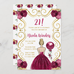 Birthday Party Blonde Princess in Burgundy Invitation
