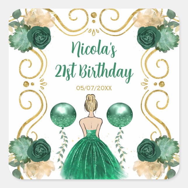 Birthday Party Blonde Princess in Green Square Sticker (Front)
