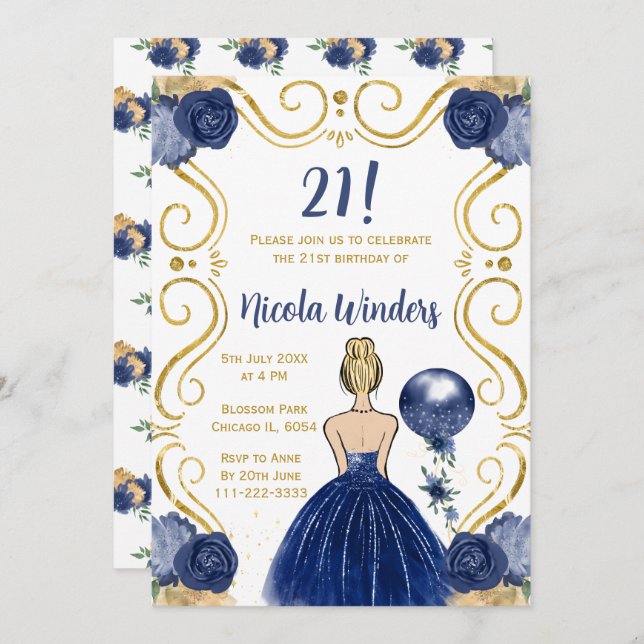 Birthday Party Blonde Princess in Navy Invitation (Front/Back)