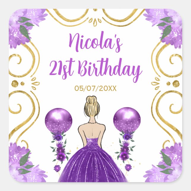 Birthday Party Blonde Princess in Purple Square Sticker (Front)