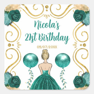Birthday Party Blonde Princess in Teal Square Sticker