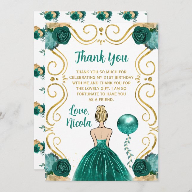 Birthday Party Blonde Princess in Teal Thank You Card (Front/Back)