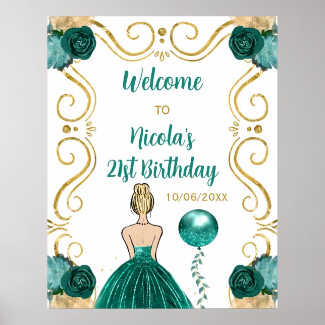 Birthday Party Blonde Princess Teal Welcome Poster (Front)