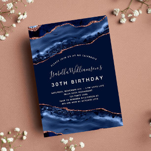 Birthday party blue agate marble rose gold  invitation postcard
