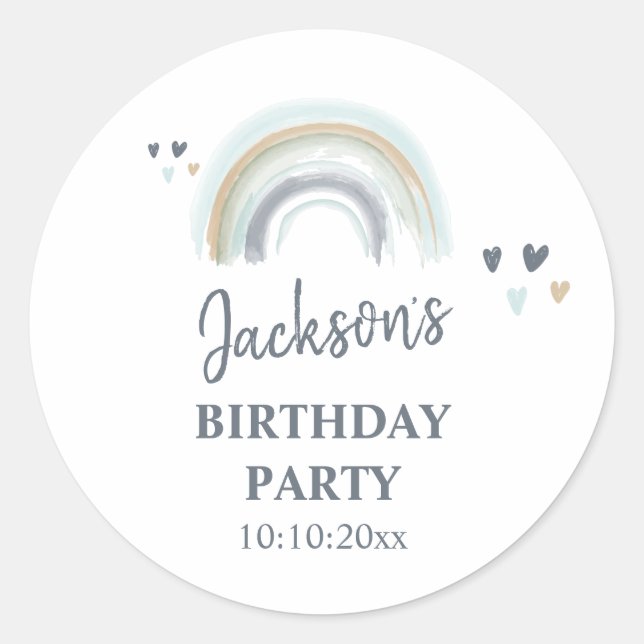 Birthday Party Blue Boho Rainbow  Classic Round St Sticker (Front)
