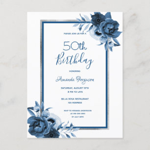 Birthday Party blue florals white invitation Postcard