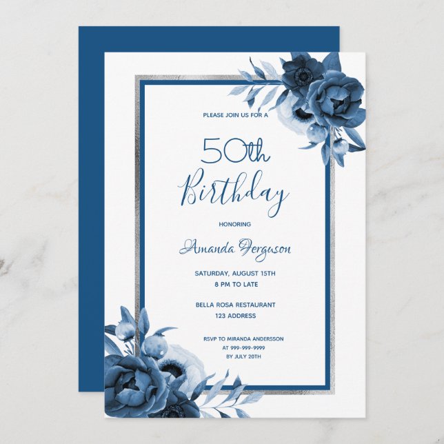 Birthday party blue florals white silver invitation (Front/Back)