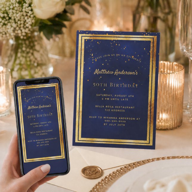 Birthday party blue gold confetti sprinkle invitation (Creator Uploaded)
