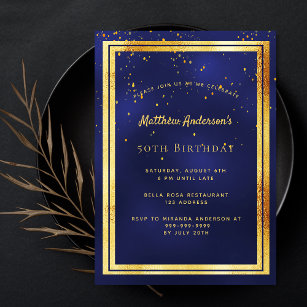 Birthday party blue gold confetti sprinkle invitation