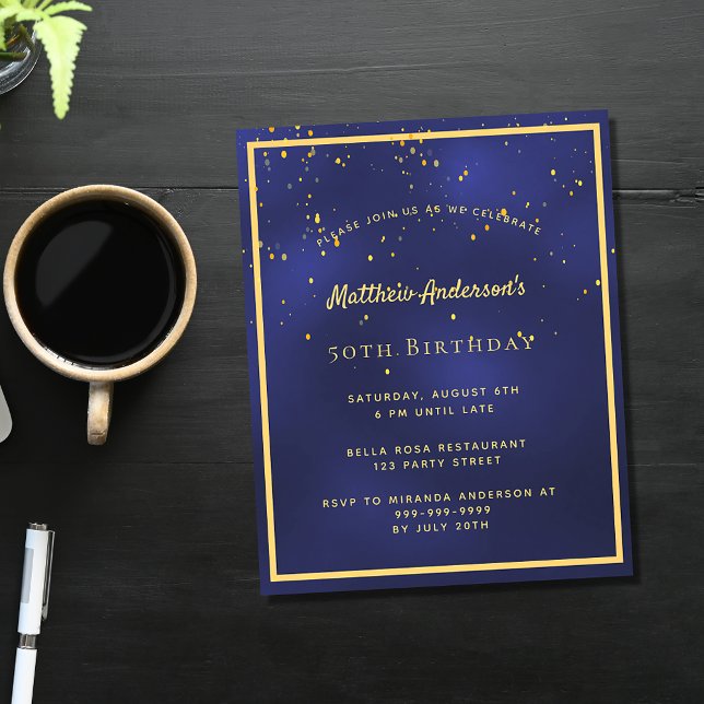 Birthday party blue gold men budget invitation flyer (Creator Uploaded)