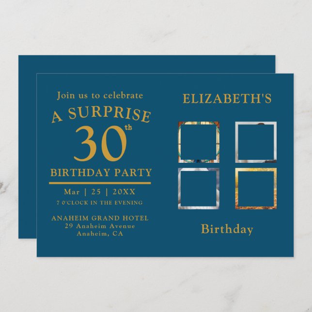 Birthday Party Blue Gold Photo Collage Invitation (Front/Back)