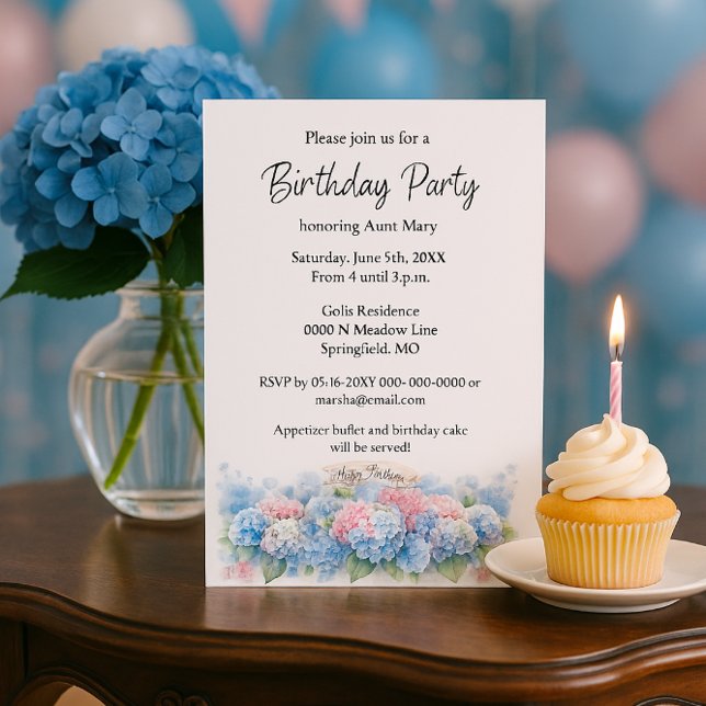 Birthday Party Blue Hydrangea Flower Invitation (Creator Uploaded)