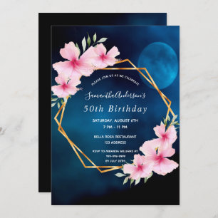 Birthday party blue moon pink florals geometric  invitation