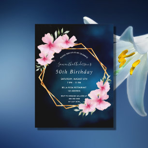 Birthday party blue pink florals invitation postcard