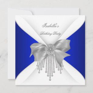 Birthday Party Blue Royal Silver White Diamond Bow Invitation