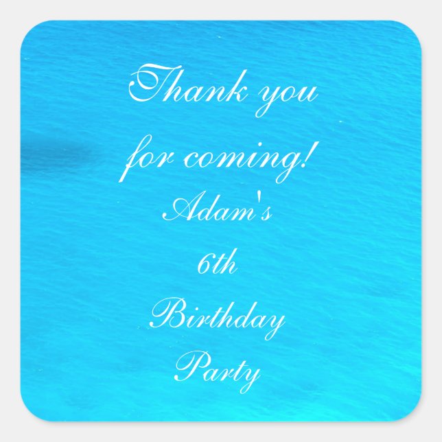 Birthday Party Blue Water Personalised Thank You Square Sticker (Front)