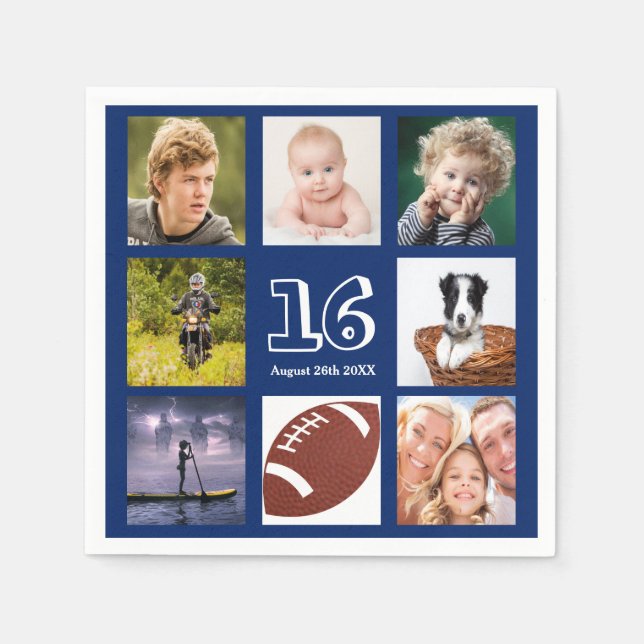 Birthday party blue white photo collage boy napkin (Front)