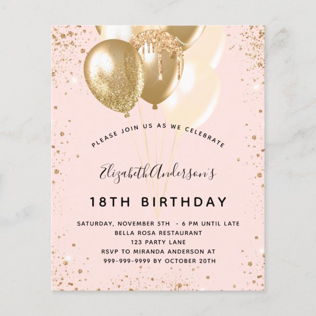 Birthday party blush gold glitter balloons budget flyer (Front)