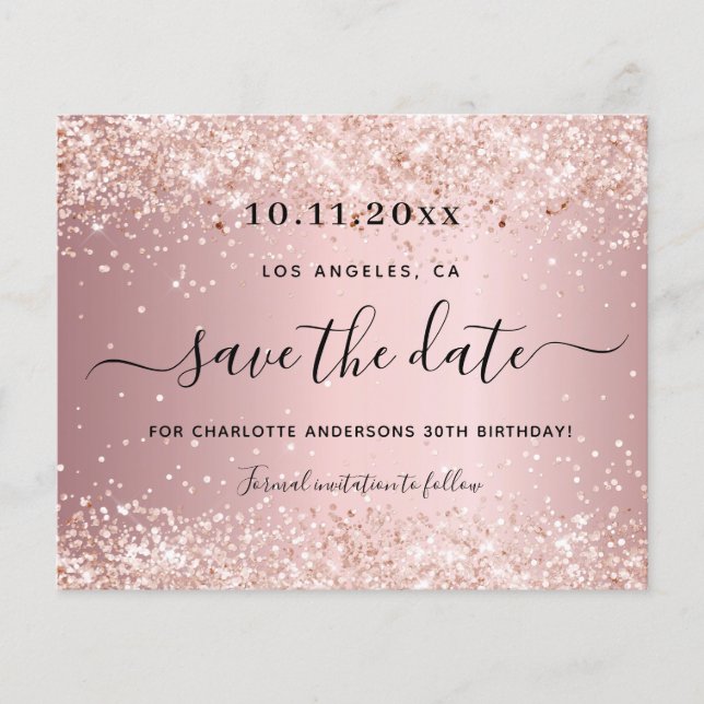 Birthday party blush pink budget save the date flyer (Front)
