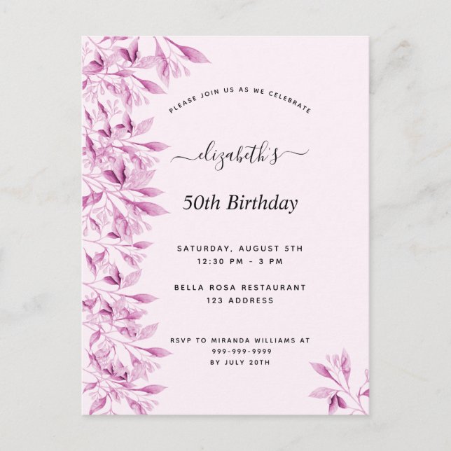 Birthday party blush pink florals botanical modern postcard (Front)