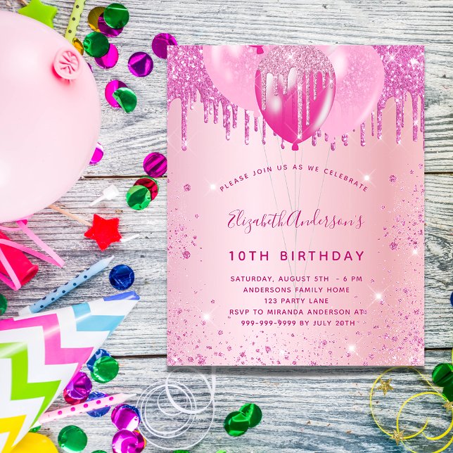 Birthday party blush pink glitter balloons girl invitation postcard (Creator Uploaded)