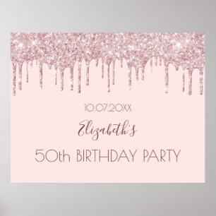 Birthday party blush pink glitter drips name poster