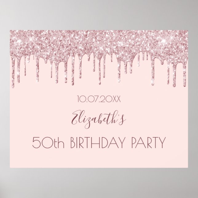 Birthday party blush pink glitter drips name poster (Front)