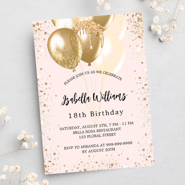 Birthday party blush pink gold balloons invitation postcard (Creator Uploaded)