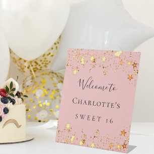 Birthday party blush pink gold stars welcome pedestal sign