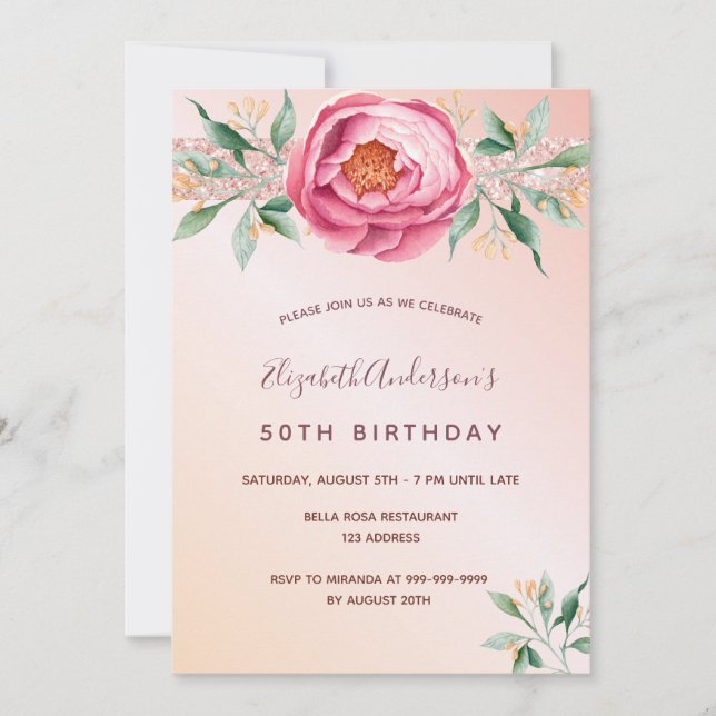 Birthday party blush pink rose gold floral glitter invitation (Front)