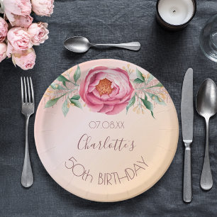 Birthday party blush pink rose gold floral paper plate