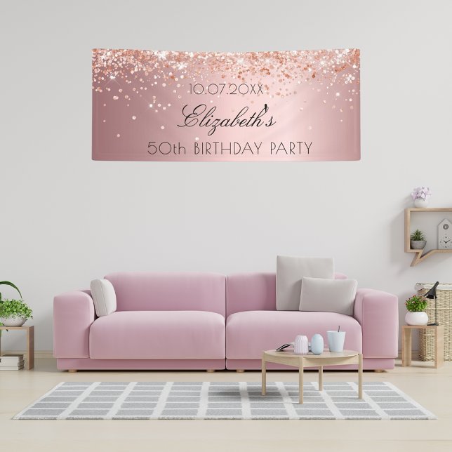 Birthday party blush pink rose gold glitter dust banner (Creator Uploaded)