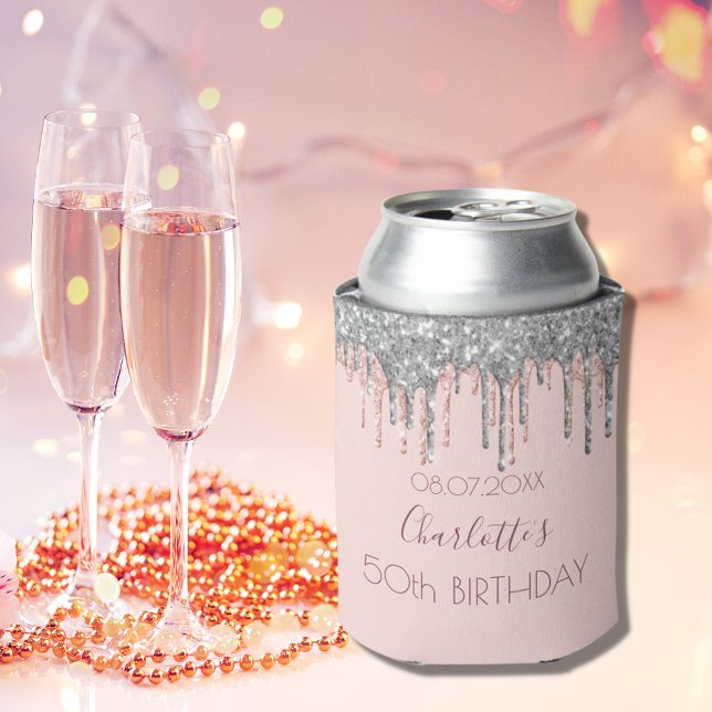 Birthday party blush pink rose gold glitter silver can cooler (Creator Uploaded)