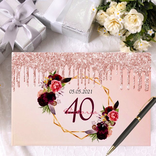 Birthday party blush rose floral geometric drips guest book (Creator Uploaded)