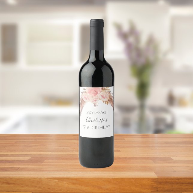 Birthday party blush rose floral pampas grass name wine label (Creator Uploaded)