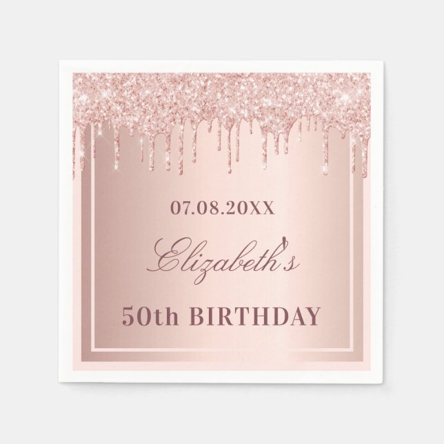 Birthday party blush rose gold glitter drips napkin (Front)