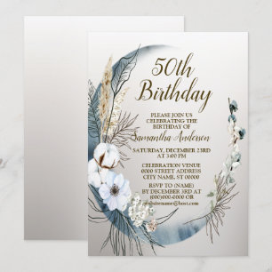 Birthday Party Boho White Orchid Flowers Blue Moon Invitation