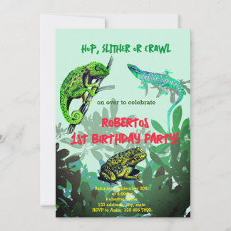 Birthday party boy chameleon, lizard, frog invitation