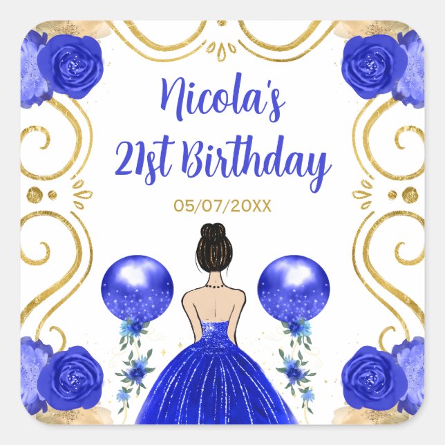 Birthday Party Brown Hair Princess in Blue Square Sticker (Front)